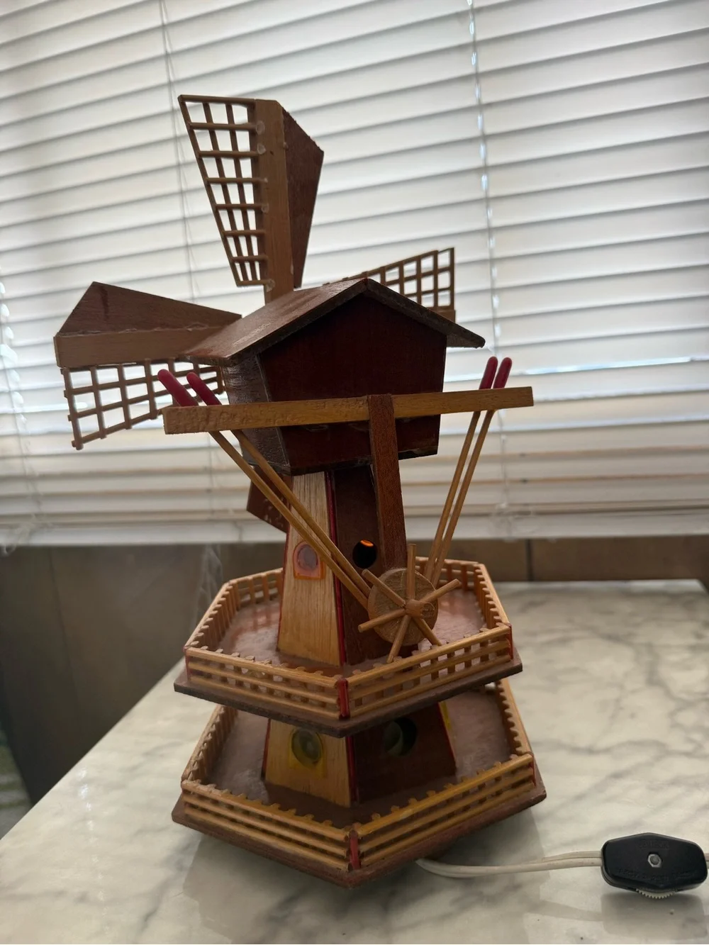 Vintage Wood Windmill Music Box and Night Light 13”